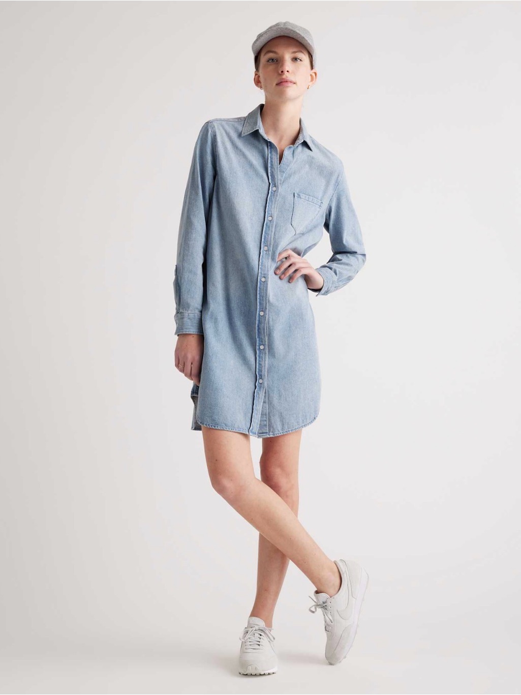 Quince Distressed Blue Denim Shirt Dress - Casual Button-Down Small